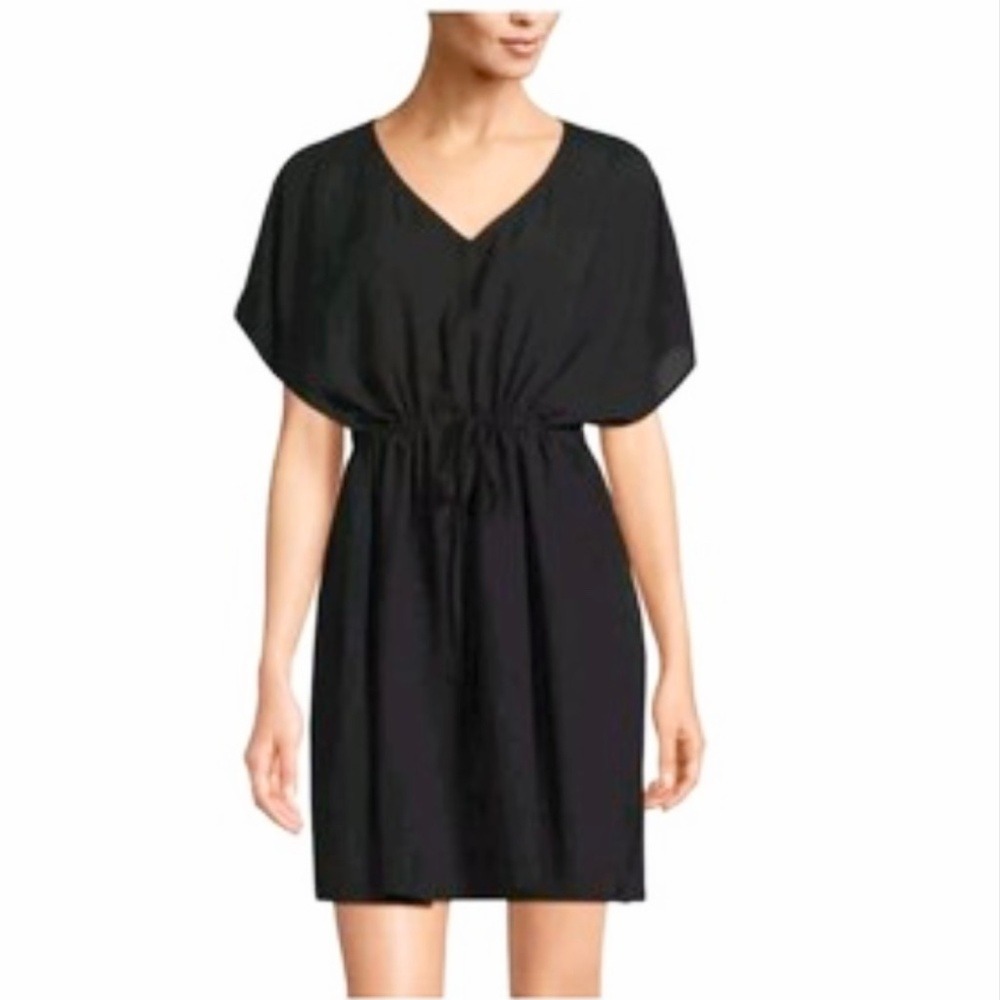 Lands End Drawstring Waist Swim Cover Up Dress M-L Black